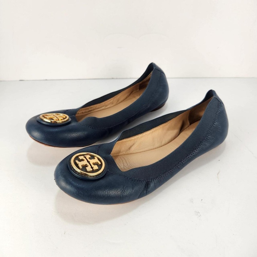 Tory Burch Reva Ballet Flats Women's 6 M Navy Blue Leather Gold Logo Shoes